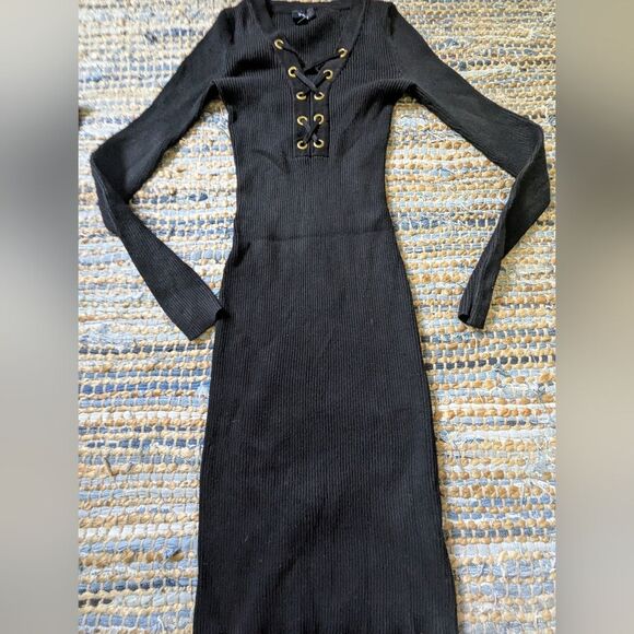 Black Ribbed Lace-Up Bodycon Dress S Long Sleeve Mini Figure Hugging Sexy - Picture 2 of 7